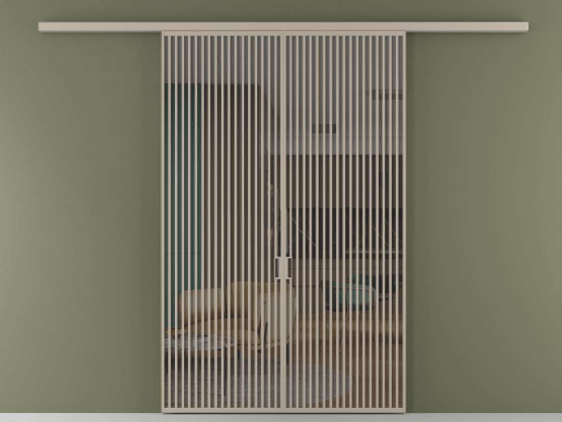 Перегородка Formato вдоль стены 2 створки АЛПР 040.06 Алюминий бисквитный Прозрачное серое стекло, триплекс Цена 359760 ₽ | Volhovec