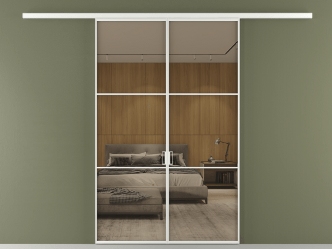 Перегородка Formato вдоль стены 2 створки АЛПР 040.03 Алюминий белоснежный Рефлективное бронзовое стекло "Stopsol", калёное Цена 249000 ₽ | Volhovec