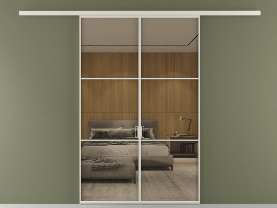 Перегородка Formato вдоль стены 2 створки АЛПР 040.03 Алюминий облачно-серый Рефлективное бронзовое стекло "Stopsol", калёное Цена 249000 ₽ | Volhovec