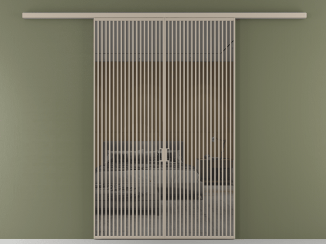 Перегородка Formato вдоль стены 2 створки АЛПР 040.06 Алюминий бисквитный Рефлективное серое стекло "Stopsol", калёное Цена 445000 ₽ | Volhovec