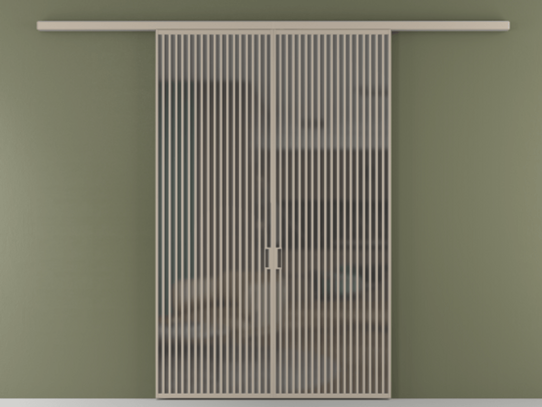 Перегородка Formato вдоль стены 2 створки АЛПР 040.06 Алюминий бисквитный Сатинированное серое стекло, триплекс Цена 359760 ₽ | Volhovec