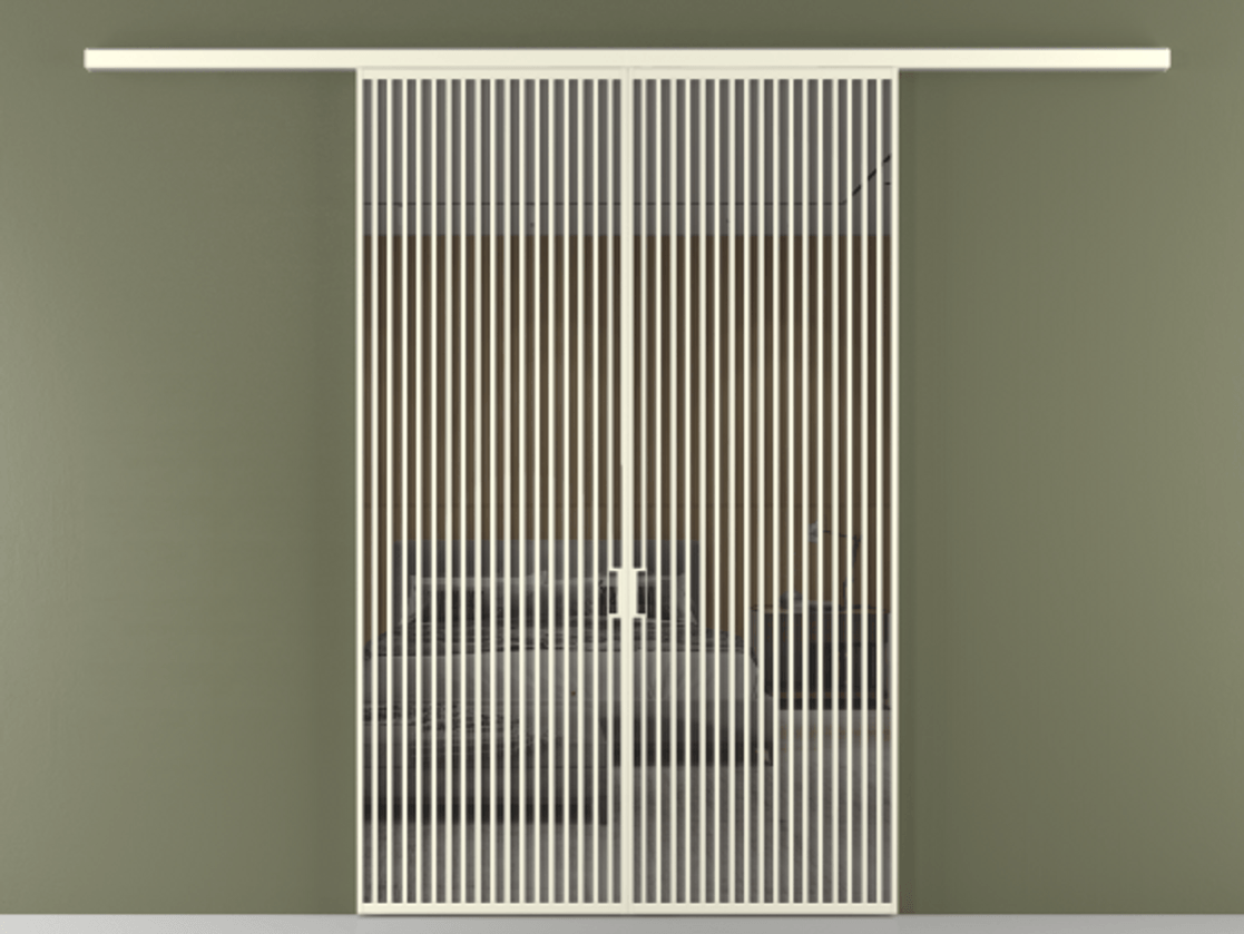 Перегородка Formato вдоль стены 2 створки АЛПР 040.06 Алюминий молочно-белый Рефлективное серое стекло "Stopsol", калёное Цена 445000 ₽ | Volhovec