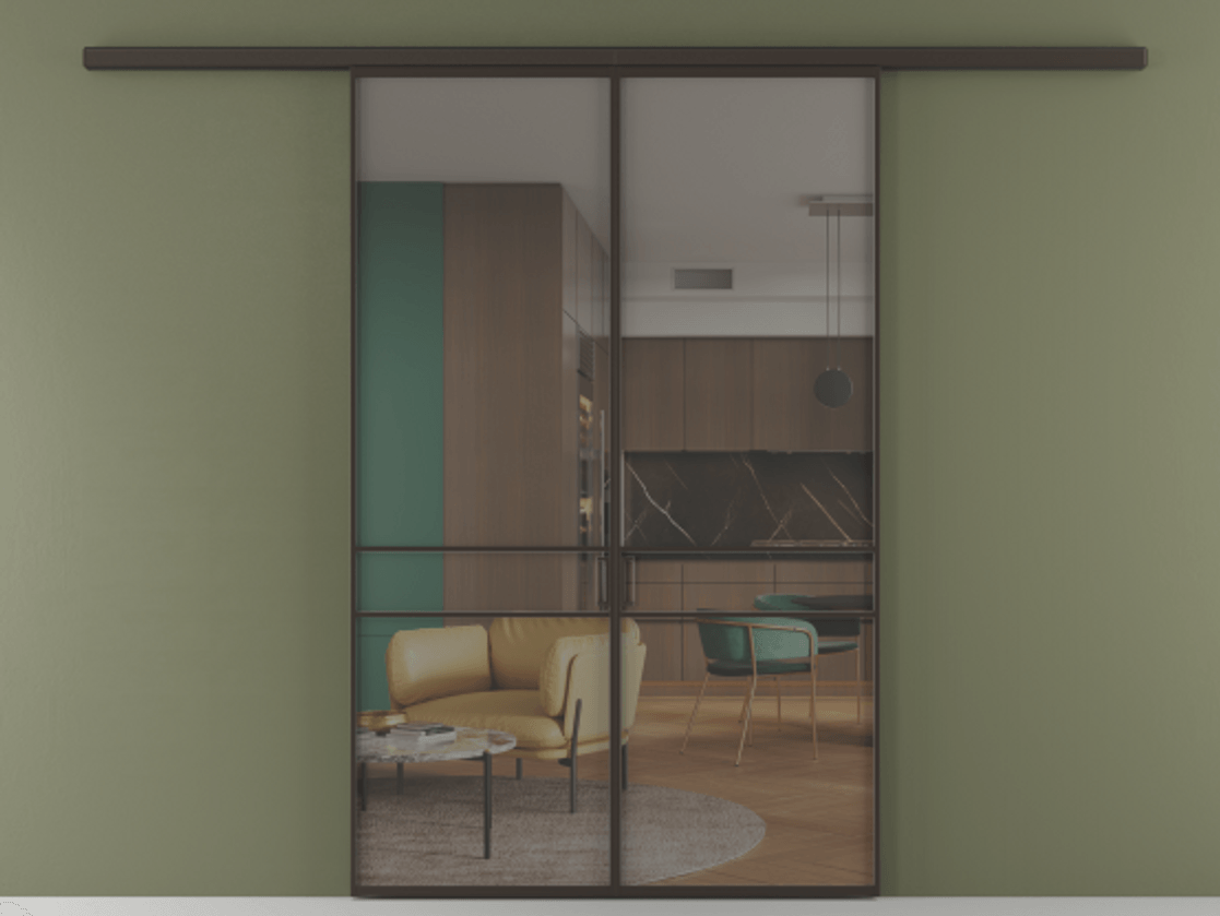 Перегородка Formato вдоль стены 2 створки АЛПР 040.02 Алюминий антрацит Прозрачное серое стекло, триплекс Цена 202960 ₽ | Volhovec