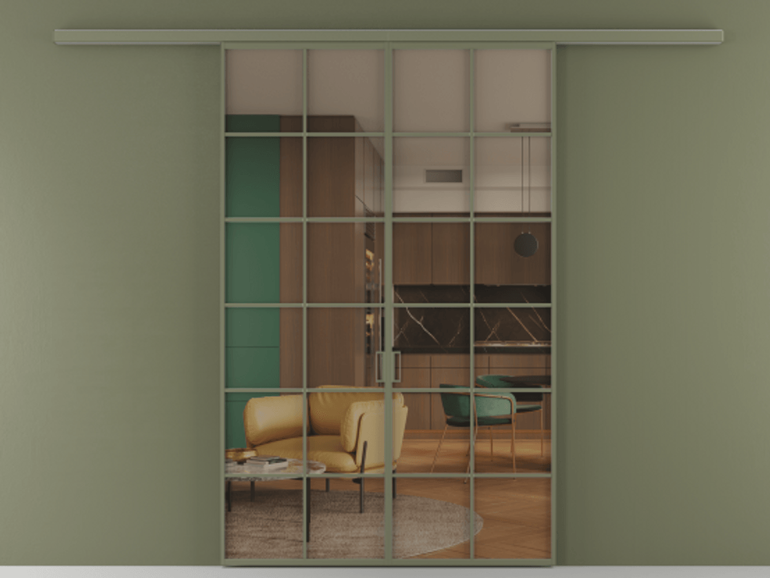 Перегородка Formato вдоль стены 2 створки АЛПР 040.05 Алюминий оливковый тёмный Прозрачное бронзовое стекло, триплекс Цена 215440 ₽ | Volhovec