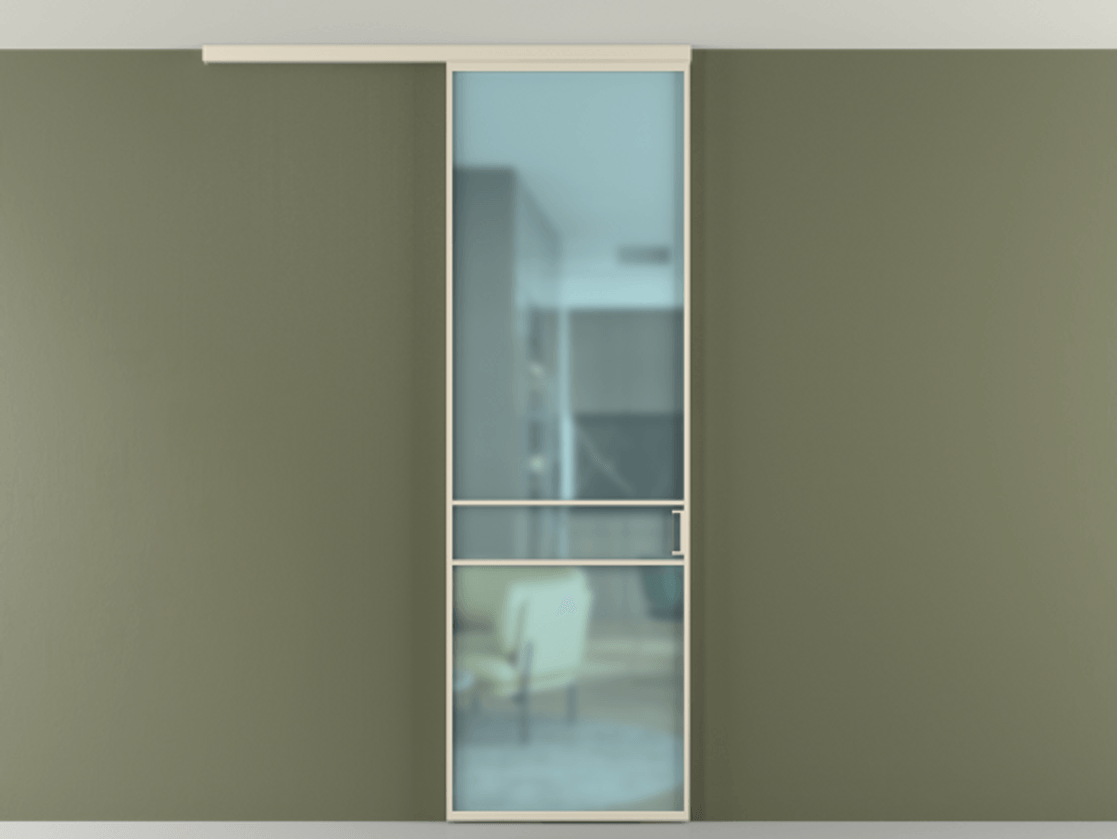 Перегородка Formato вдоль стены на потолок 1 створка АЛПР 040.02 Алюминий бежево-серый Сатинированное голубое стекло, триплекс Цена 100988 ₽ | Volhovec