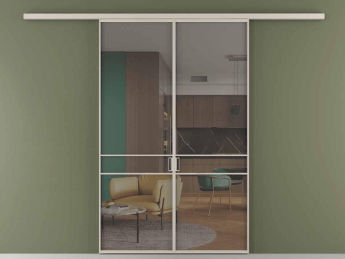 Перегородка Formato вдоль стены 2 створки АЛПР 040.02 Алюминий светло-бежевый Прозрачное серое стекло, триплекс Цена 202960 ₽ | Volhovec