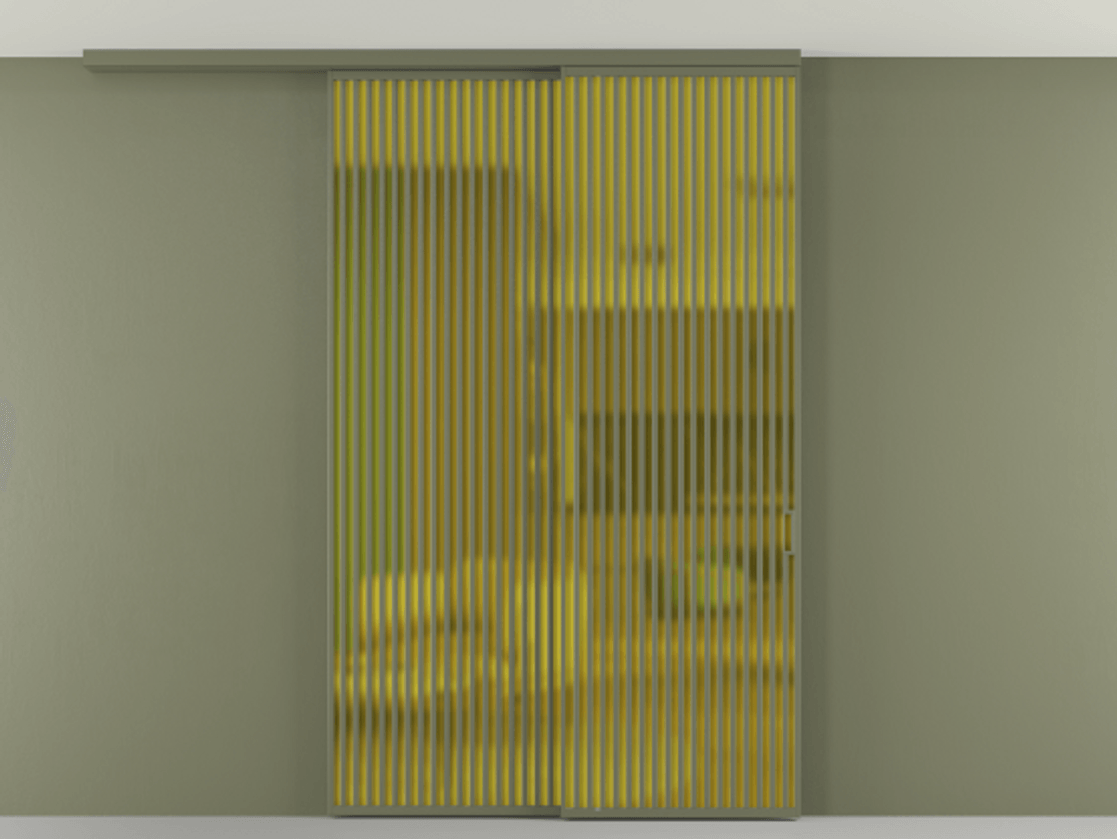 Перегородка Формато вдоль стены на потолок 2 створки с синхронным механизмом АЛПР 040.06 Алюминий оливковый тёмный Сатинированное жёлтое стекло, триплекс Цена 431415 ₽ | Volhovec