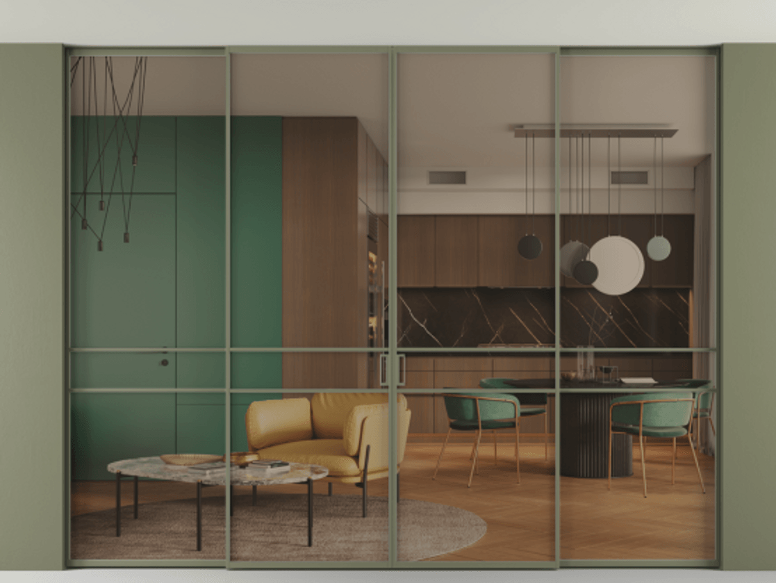 Перегородка Formato внутри проёма четырёхстворчатая со скрытым креплением в потолок АЛПР 040.02 Алюминий оливковый тёмный Прозрачное бронзовое стекло, триплекс, 6 мм.  Цена 22460 AZE 1. Полотно 4 шт. (800/2100 мм)
 2. Комплект установки раздвижной системы
 3. Базовый комплект фурнитуры
4.Ручка RONDO. Фабрика дверей Волховец 8 (800) 551 43 19  Перегородка Formato внутри проёма четырёхстворчатая со скрытым креплением в потолок АЛПР 040.02 Алюминий оливковый тёмный Прозрачное бронзовое стекло, триплекс, 6 мм Цена 22460 AZE | Volhovec