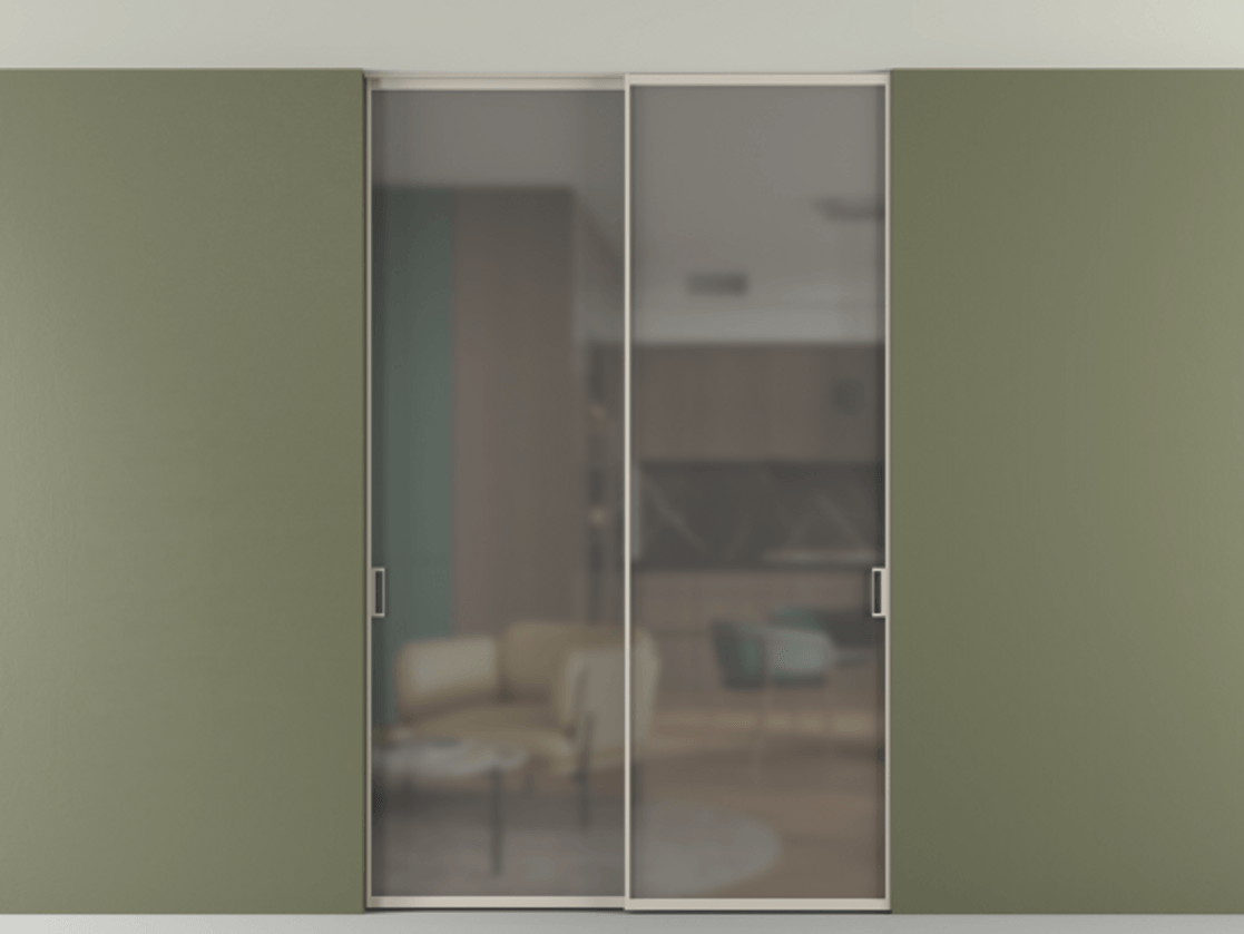 Перегородка Формато внутри проёма скрытое крепление в потолок 2 створки АЛПР 040.01 Алюминий светло-бежевый Сатинированное серое стекло, триплекс Цена 246972 ₽ | Volhovec