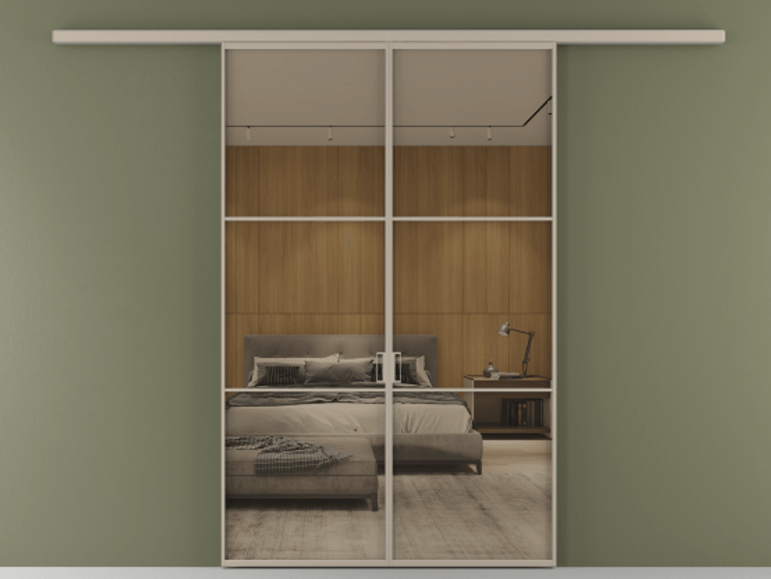 Перегородка Formato вдоль стены 2 створки АЛПР 040.03 Алюминий бисквитный Рефлективное бронзовое стекло "Stopsol", калёное Цена 249000 ₽ | Volhovec