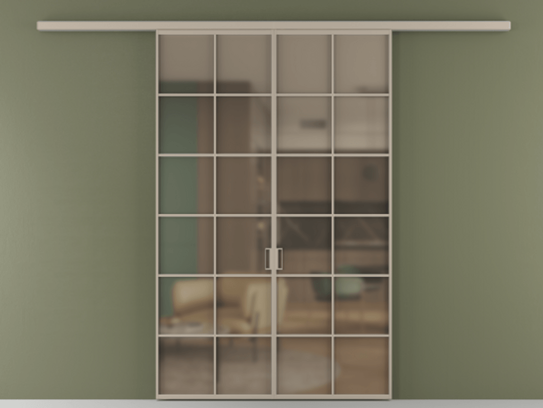 Перегородка Formato вдоль стены 2 створки АЛПР 040.05 Алюминий бисквитный Сатинированное бронзовое стекло, триплекс Цена 215440 ₽ | Volhovec