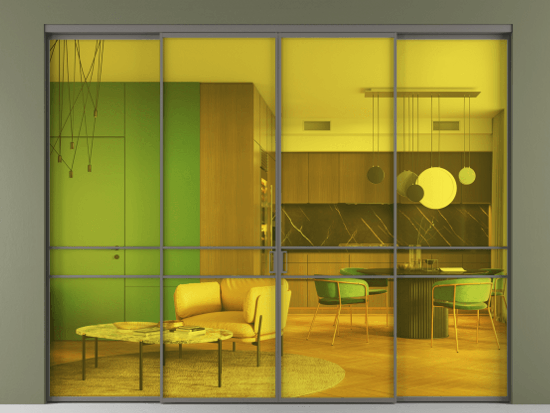 Перегородка Формато внутри проёма 4 створки АЛПР 040.02 Алюминий классический серый Прозрачное жёлтое стекло, триплекс Цена 322100 ₽  | Volhovec