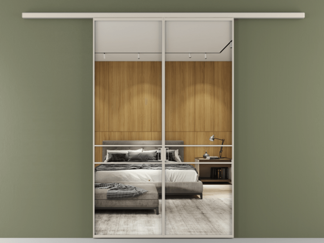 Перегородка Formato вдоль стены 2 створки АЛПР 040.02 Алюминий светло-бежевый Двустороннее зеркало, триплекс , триплекс 6 мм Цена 202960 ₽ | Volhovec