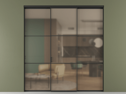 Алюминевая перегородка vn2_03 Бронза сатин триплекс ЧЕР. Цвет Алюминий Черный. Материал Алюминий. Коллекция Перегородка Formato внутри проёма трёхстворчатая. Картинка.