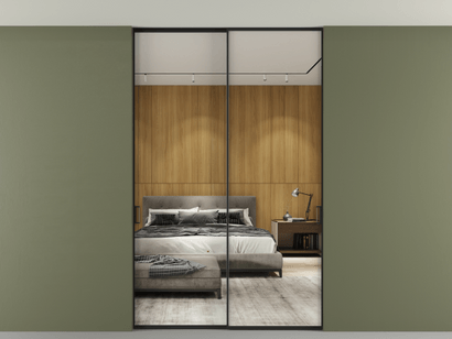 Алюминевая перегородка p2_01 Зеркало триплекс ЧЕР. Цвет Алюминий Черный. Материал Алюминий. Коллекция Перегородка Formato внутри проёма двустворчатая со скрытым креплением в потолок. Картинка.