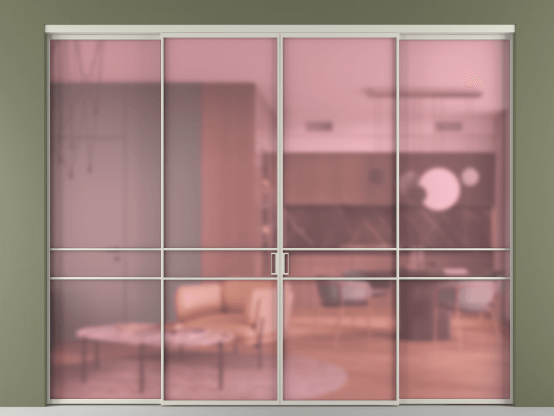 Алюминевая перегородка vn2+2_02_ Алюминий тёплый серый Сатинированное розовое стекло, триплекс, 6мм. Цвет Алюминий тёплый серый. Материал Алюминий в эмали. Коллекция Перегородка Formato внутри проёма 4 створки. Картинка.