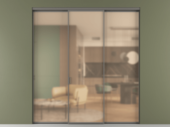 Алюминевая перегородка АЛПР 040.01_АКЛС_САТ ОРАНЖ_new. Цвет Алюминий классический серый. Материал Алюминий в эмали. Коллекция Перегородка Formato внутри проёма 3 створки. Картинка.