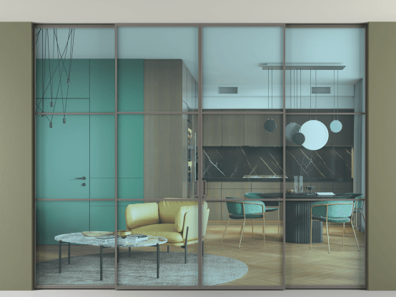 Алюминевая перегородка АЛПР 040.03_АКЛС_ПРОЗ ГОЛ_new. Цвет Алюминий классический серый. Материал Алюминий в эмали. Коллекция Перегородка Формато внутри проёма скрытое крепление в потолок 4 створки. Картинка.