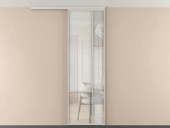 Алюминевая перегородка vdp1_8_АОС_DUNE+LED_new. Цвет Алюминий облачно-серый. Материал Алюминий в эмали. Коллекция Перегородка Мозаик вдоль стены на потолок 1 створка. Картинка.