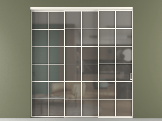 Алюминевая перегородка vn3_05_ Алюминий пудровый белый Серый сатин матовое. Цвет Алюминий пудровый белый. Материал Алюминий в эмали. Коллекция Перегородка Formato внутри проёма 3 створки с синхронным механизмом. Картинка.