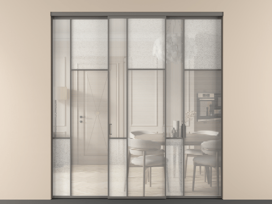 Алюминевая перегородка vn3_5_АКЛС_DUNE+LED_new. Цвет Алюминий классический серый. Материал Алюминий в эмали. Коллекция Перегородка Мозаик внутри проёма 3 створки. Картинка.