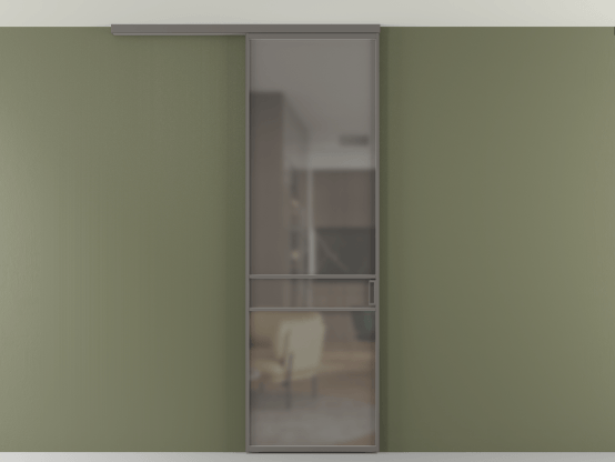 Алюминевая перегородка АЛПР 040.02_АКЛС_Серый сатин триплекс_new. Цвет Алюминий классический серый. Материал Алюминий в эмали. Коллекция Перегородка Формато вдоль стены на потолок 1 створка. Картинка.