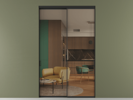 Алюминевая перегородка vn2_01 Бронза триплекс ЧЕР. Цвет Алюминий Черный. Материал Алюминий. Коллекция Перегородка Formato внутри проёма 2 створки. Картинка.