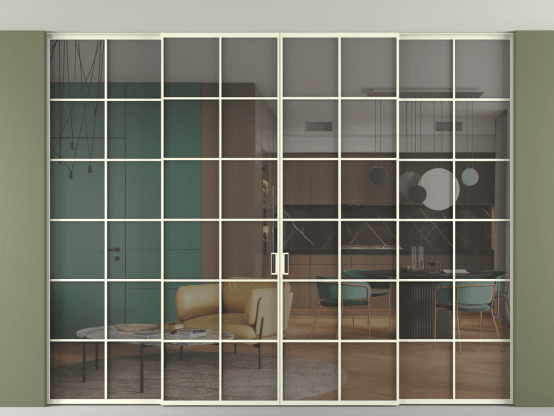 Алюминевая перегородка АЛПР 040.05_АМБ_Серый триплекс_new. Цвет Алюминий молочно-белый. Материал Алюминий в эмали. Коллекция Перегородка Formato внутри проёма скрытое крепление в потолок 4 створки. Картинка.