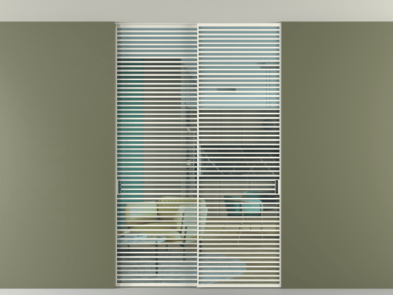 Алюминевая перегородка АЛПР 040.07_АЖМ_ПРОЗ ГОЛ_new. Цвет Алюминий жемчужный. Материал Алюминий в эмали. Коллекция Перегородка Formato внутри проёма скрытое крепление в потолок 2 створки. Картинка.