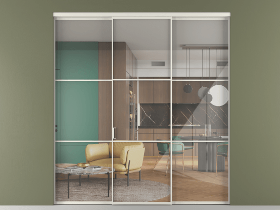 Алюминевая перегородка АЛПР 040.03 БЕЛ Алюминий Белый Stopsol Clear прозрачное. Цвет Алюминий Белый. Материал Алюминий. Коллекция Перегородка Формато внутри проёма 3 створки. Картинка.