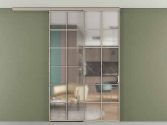 Алюминевая перегородка АЛПР 040.05_АБСК_Matelux Crystalvision_new. Цвет Алюминий бисквитный. Материал Алюминий в эмали. Коллекция Перегородка Formato вдоль стены на потолок 2 створки с синхронным механизмом. Картинка.