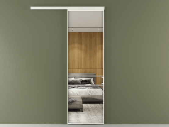 Алюминевая перегородка vd1_02_ Алюминий светло-серый Двустороннее зеркало. Цвет Алюминий светло-серый. Материал Алюминий в эмали. Коллекция Перегородка Formato вдоль стены 1 створка. Картинка.