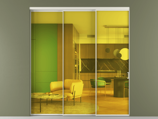 Алюминевая перегородка АЛПР 040.01_БЕЛ_ПРОЗ ЖЕЛ_new. Цвет Алюминий Белый. Материал Алюминий. Коллекция Перегородка Formato внутри проёма 3 створки с синхронным механизмом. Картинка.