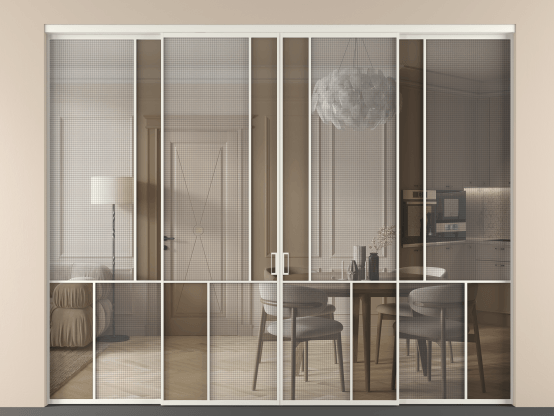 Алюминевая перегородка vnt4_1 БЕЛ. Цвет Алюминий Белый. Материал Алюминий. Коллекция Перегородка Mosaic внутри проёма 4 створки. Фото. Алюминевая перегородка vnt4_1 БЕЛ. Цвет Алюминий Белый. Материал Алюминий. Коллекция Перегородка Mosaic внутри проёма 4 створки. Картинка.