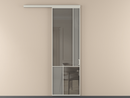 Алюминевая перегородка vd1_1 Алюминий тёплый серый Серый сатин матовое + Серый прозрачное. Цвет Алюминий тёплый серый. Материал Алюминий в эмали. Коллекция Перегородка Mosaic вдоль стены 1 створка. Картинка.