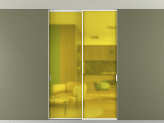 Алюминевая перегородка vn2_01 Алюминий светло-серый Сатинированное жёлтое стекло, триплекс, 6мм. Цвет Алюминий светло-серый. Материал Алюминий в эмали. Коллекция Перегородка Formato внутри проёма скрытое крепление в потолок 2 створки. Картинка.