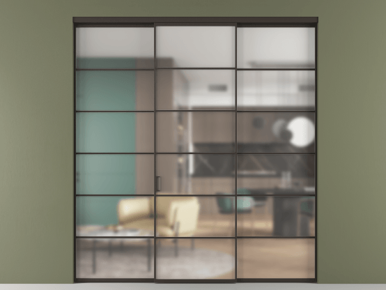 Алюминевая перегородка АЛПР 040.04_ААН_Matelux Crystalvision_new. Цвет Алюминий антрацит. Материал Алюминий в эмали. Коллекция Перегородка Formato внутри проёма 3 створки. Картинка.