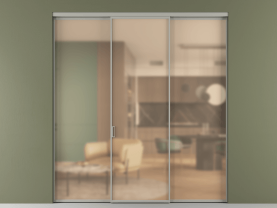 Алюминевая перегородка АЛПР 040.01_АНСР_САТ ОРАНЖ_new. Цвет Алюминий нейтральный серый. Материал Алюминий в эмали. Коллекция Перегородка Formato внутри проёма 3 створки. Картинка.