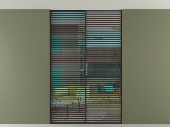 Алюминевая перегородка АЛПР 040.07_ААН_ПРОЗ ГОЛ_new. Цвет Алюминий антрацит. Материал Алюминий в эмали. Коллекция Перегородка Formato внутри проёма скрытое крепление в потолок 2 створки. Картинка.