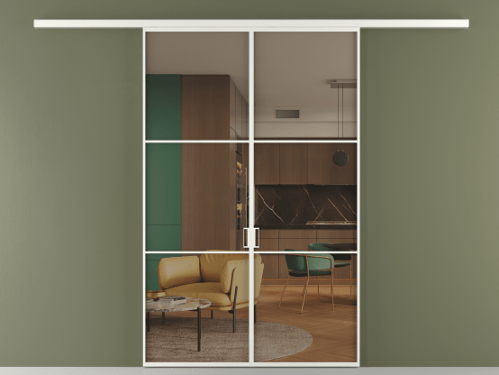 Алюминевая перегородка vd2_03_ Алюминий светло-серый Бронза прозрачное. Цвет Алюминий светло-серый. Материал Алюминий в эмали. Коллекция Перегородка Formato вдоль стены 2 створки. Картинка.